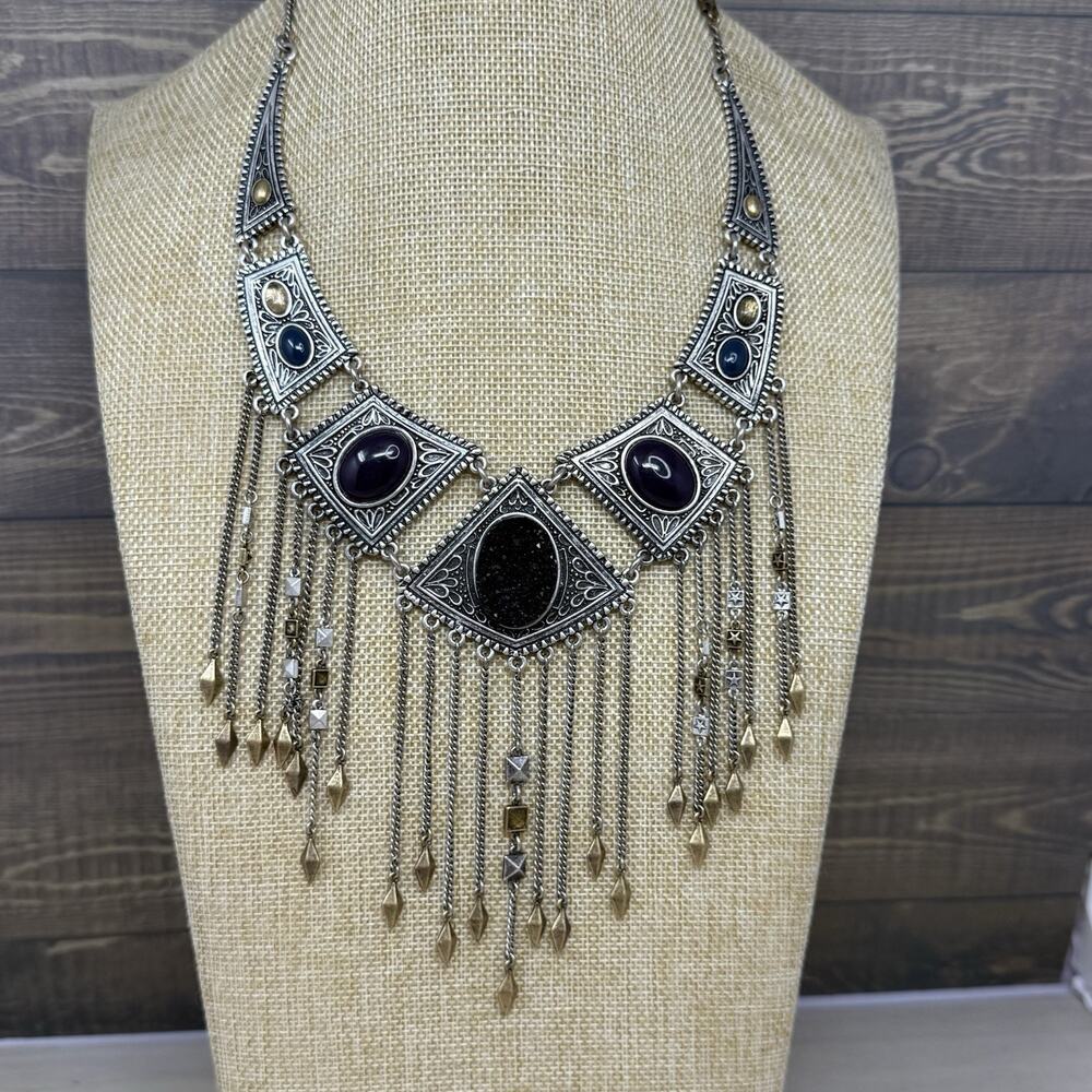 Vintage Lucky Brand Silver Tone Drop Dangle Panel Statement Bib Necklace